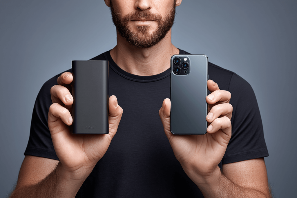 Homme avec un cold wallet et un téléphone dans les mains