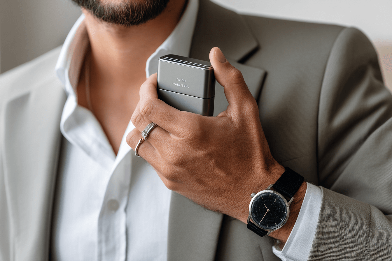 Homme d'affaires avec un hardware wallet dans la main